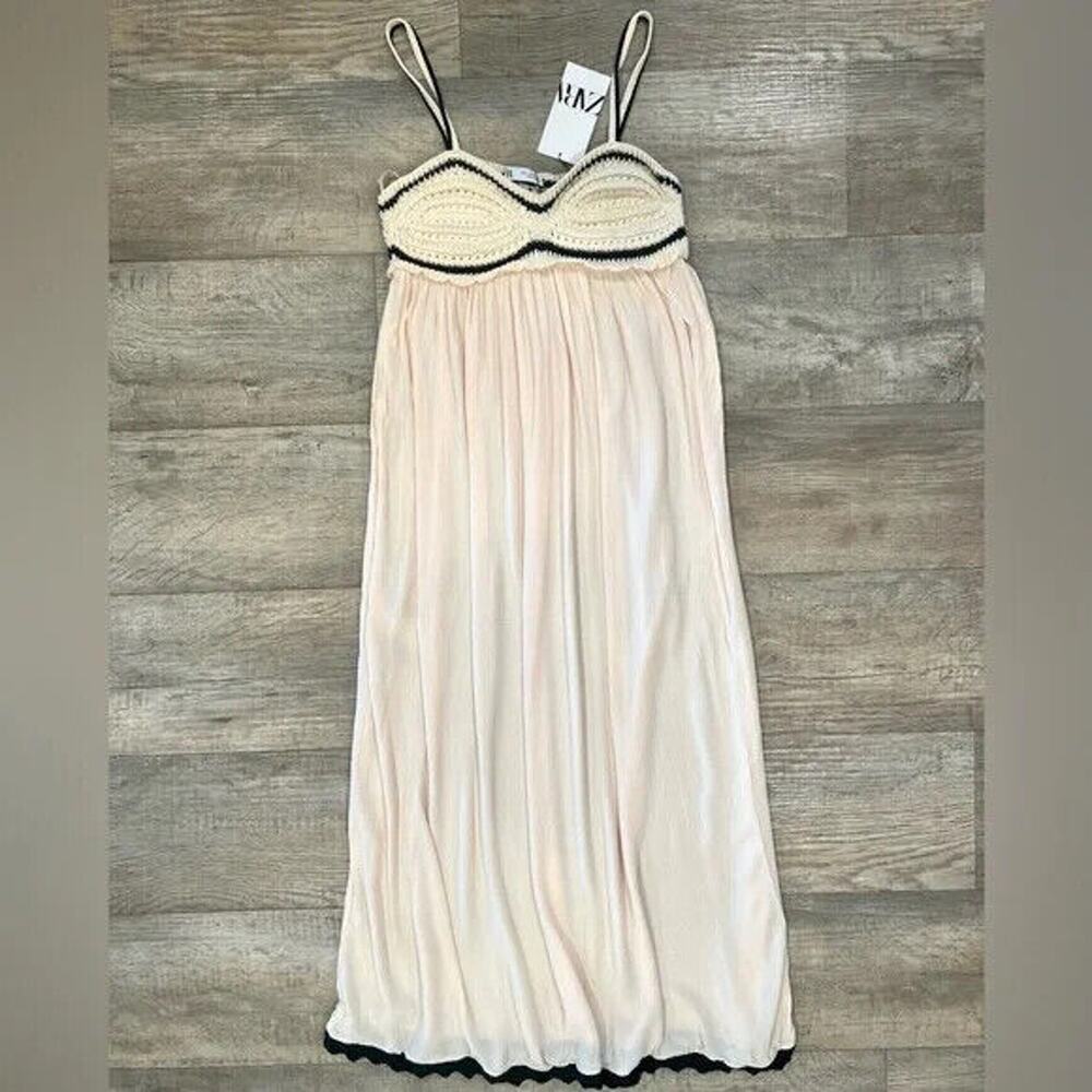 Zara Cream Ecru Maxi Dress Contrast Trim Flowy Boho Resort Vacation Size M NWT - Picture 15 of 16
